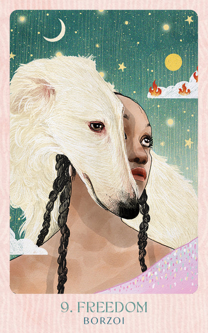 Ask the Canine Sages Oracle featuring illustrated canine spirit guides by Ana Novaes with guidebook by Tess Whitehurst.