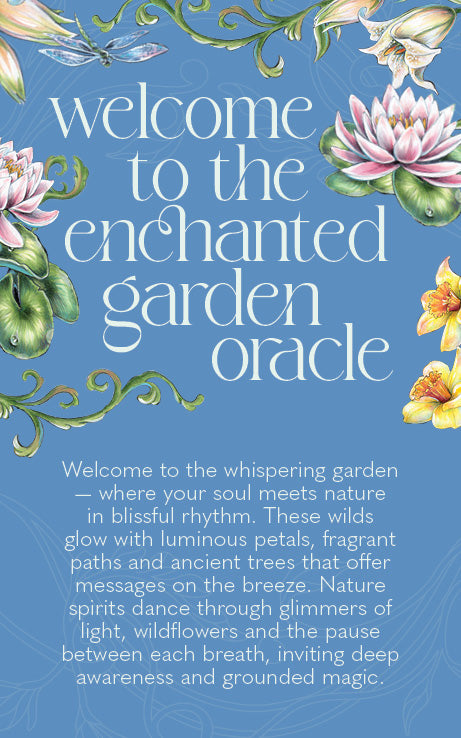 Cover of 'The Enchanted Garden Oracle' with floral designs and welcoming text on a blue background.