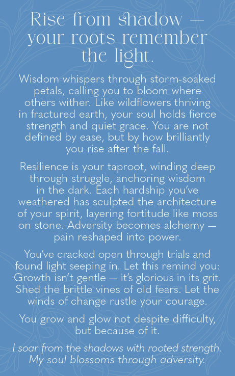 A blue square graphic with a motivational poem titled 'Rise from shadow — your roots remember the light.' in white text.