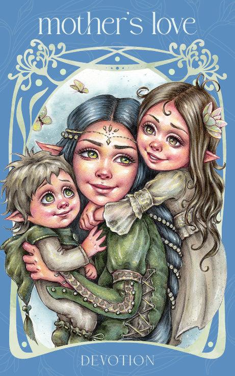 Illustrated card or print titled "mother's love" showing three fantasy elf-like children hugging, with the word "DEVOTION" at the bottom on a blue background.