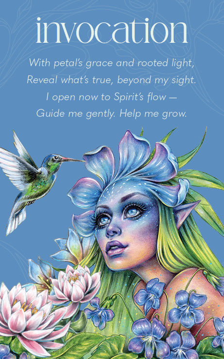A square art print or card titled 'invocation' with a blue background and a colorful illustration of a woman with flower-like hair, pink and blue flowers, and a hummingbird, accompanied by a poem.