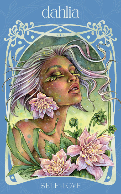 Illustration of a woman with flowers and the word 'dahlia' on a blue background