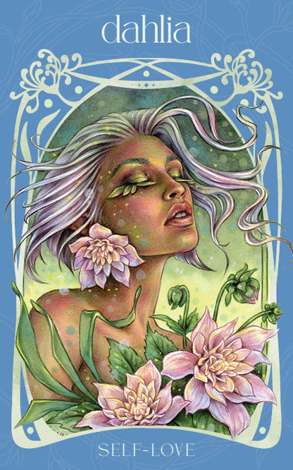 Illustration of a woman with flowers and the word 'dahlia' on a blue background