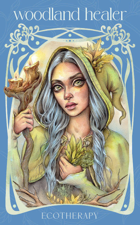 Illustration of a woodland healer with a candle and leaves against a blue background