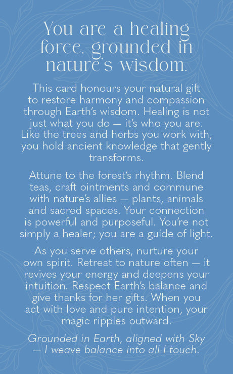 A square blue card with white text featuring a healing affirmation and supportive message for healers, grounded in Earth wisdom and aligned with sky.
