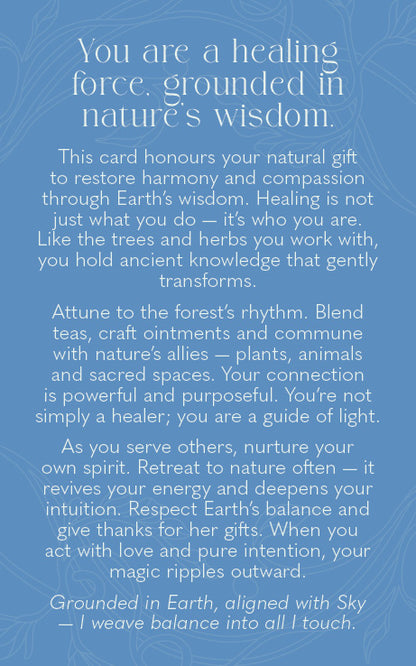 A square blue card with white text featuring a healing affirmation and supportive message for healers, grounded in Earth wisdom and aligned with sky.