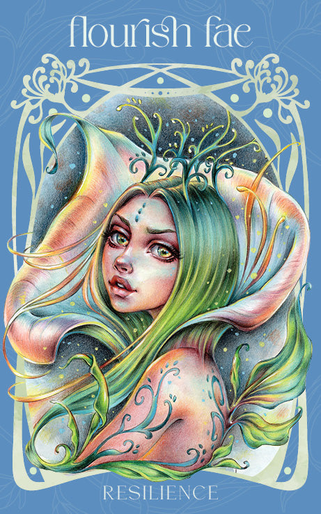 Illustration of a fae character with flowing hair and decorative elements on a blue background, featuring the text 'flourish fae' and 'Resilience'.