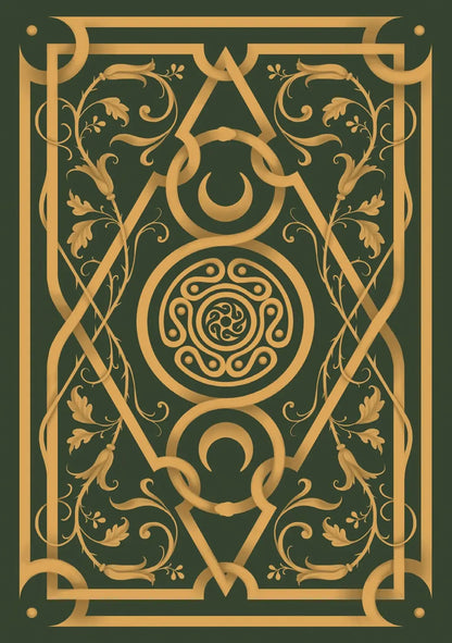 In forest green with gold detailed pattern of foliage and celtic symbology 