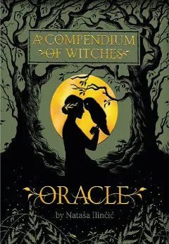 artwork design for Compendium of witches oracle deck . Shows a green black ground with black foliage and a woman in shadow holding an owl. Behind the woman there is a bright orange moon 