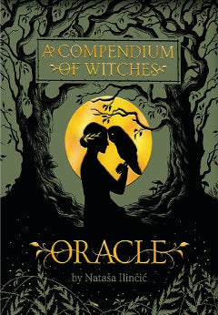 artwork design for Compendium of witches oracle deck . Shows a green black ground with black foliage and a woman in shadow holding an owl. Behind the woman there is a bright orange moon 