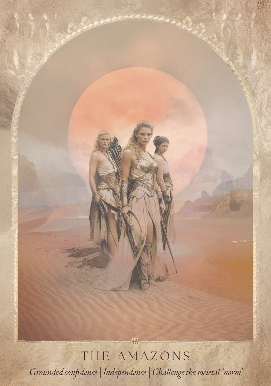 The amazons oracle card from Daughters of the Aether oracle deck by Paige McLeod featuring goddess-inspired artwork, Divine Feminine symbolism, and a luxury collector's box.