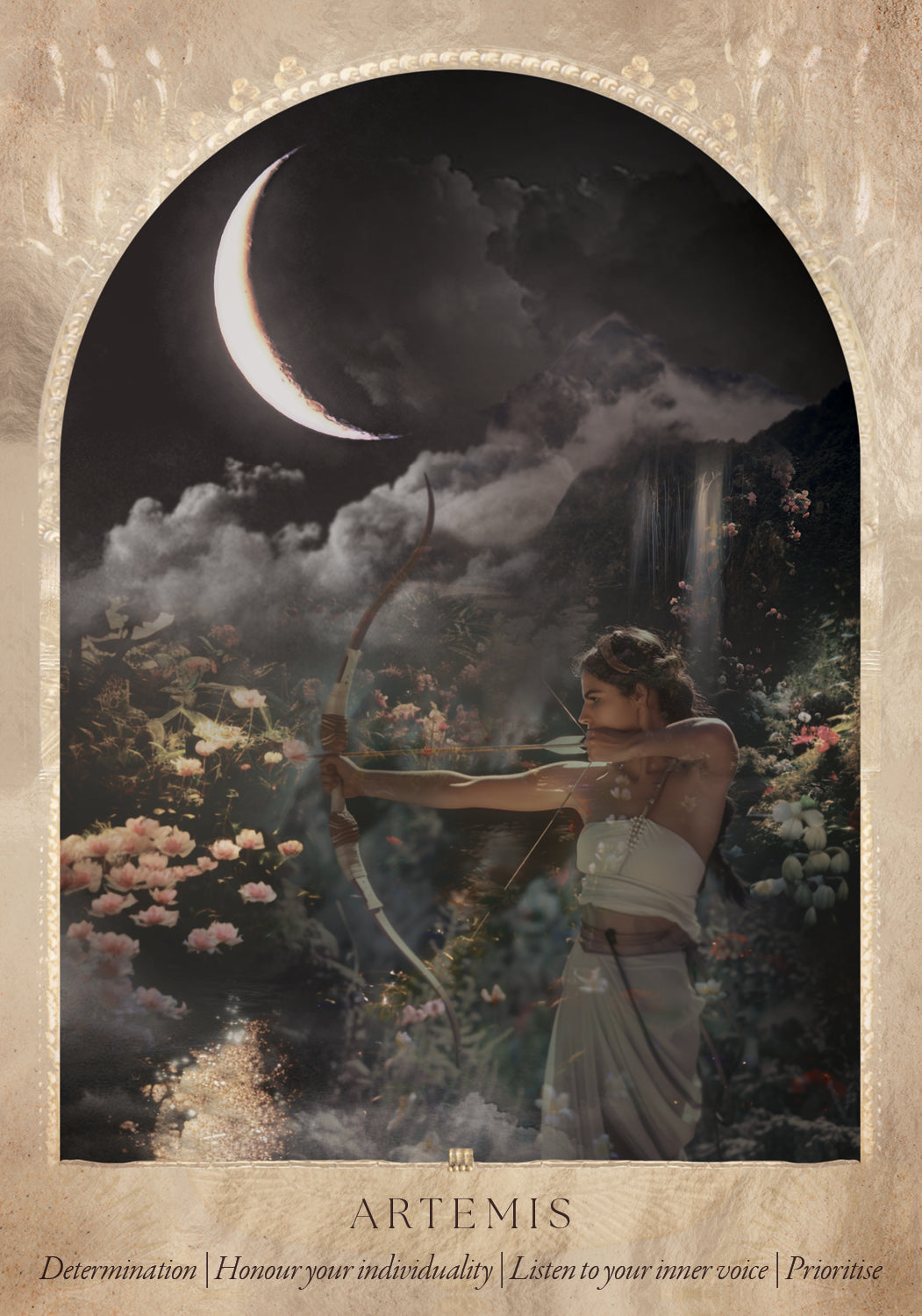 Goddess Artemis in a garden with a crescent moon in the background Daughters of the Aether oracle deck by Paige McLeod featuring goddess-inspired artwork, Divine Feminine symbolism, and a luxury collector's box.