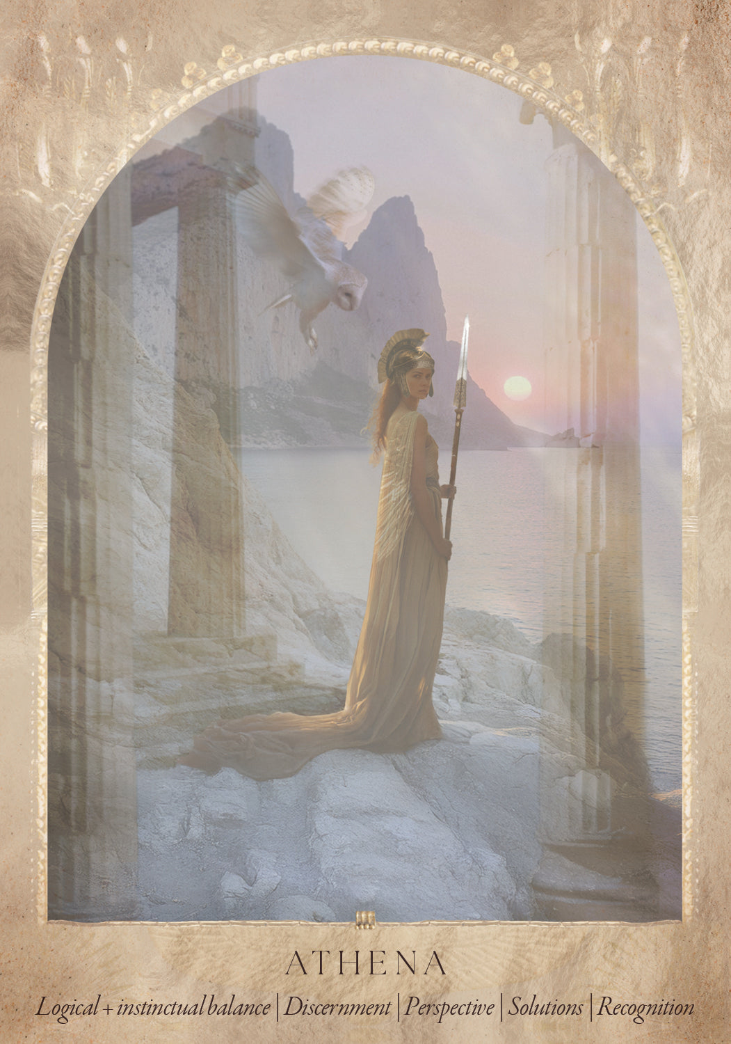 Framed artwork of a Athena in classical attire standing in a temple with columns and a dove. Daughters of the Aether oracle deck by Paige McLeod featuring goddess-inspired artwork, Divine Feminine symbolism, and a luxury collector's box.