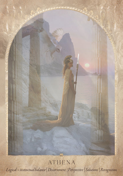 Framed artwork of a Athena in classical attire standing in a temple with columns and a dove. Daughters of the Aether oracle deck by Paige McLeod featuring goddess-inspired artwork, Divine Feminine symbolism, and a luxury collector's box.