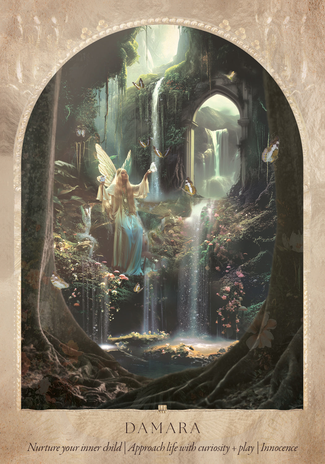 Goddess Damara surrounded by waterfalls and mystical glade Daughters of the Aether oracle deck by Paige McLeod featuring goddess-inspired artwork, Divine Feminine symbolism, and a luxury collector's box.