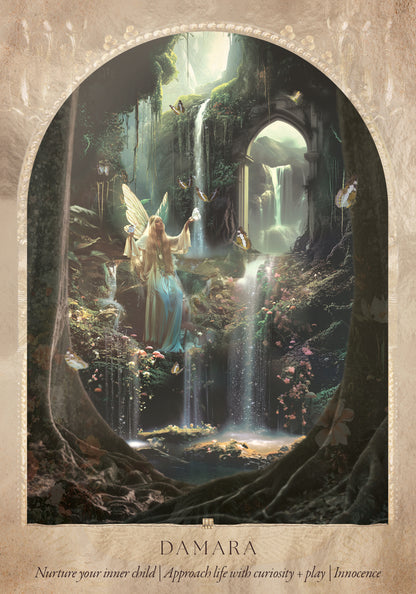 Goddess Damara surrounded by waterfalls and mystical glade Daughters of the Aether oracle deck by Paige McLeod featuring goddess-inspired artwork, Divine Feminine symbolism, and a luxury collector's box.