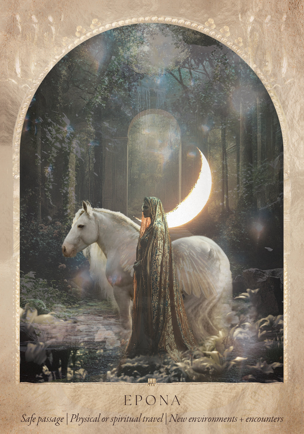 Goddess Epona standing next to white horse and cresent moon on the background Daughters of the Aether oracle deck by Paige McLeod featuring goddess-inspired artwork, Divine Feminine symbolism, and a luxury collector's box.