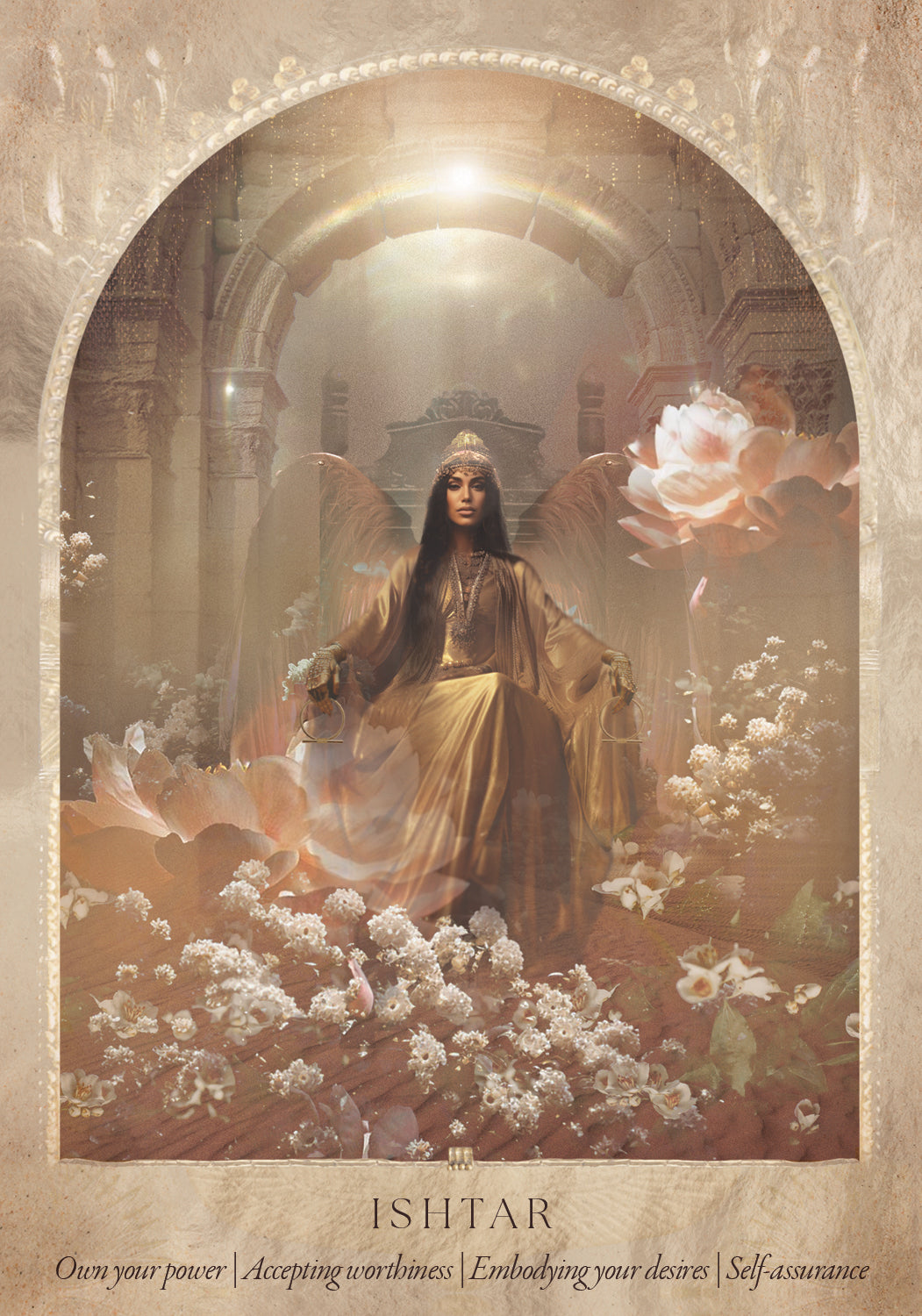 Woman with angel wings surrounded by flowers in a decorative frame, with text 'ISHTAR' at the bottom. Daughters of the Aether oracle deck by Paige McLeod featuring goddess-inspired artwork, Divine Feminine symbolism, and a luxury collector's box.