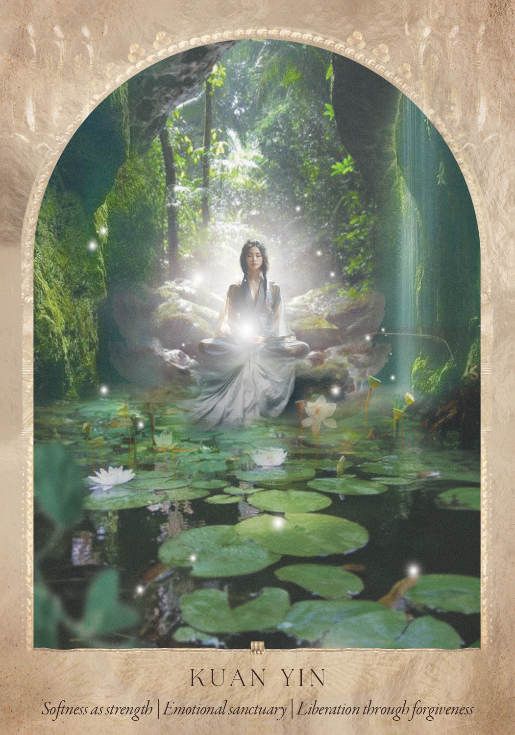 Kuan Yin meditating over a lily pond and sunlight glade in the background Daughters of the Aether oracle deck by Paige McLeod featuring goddess-inspired artwork, Divine Feminine symbolism, and a luxury collector's box.