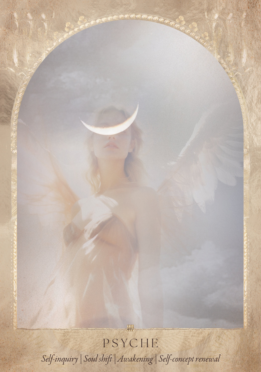 Artistic depiction of an angel with a crescent moon, surrounded by ethereal light, with 'Psyche' text at the bottom. Daughters of the Aether oracle deck by Paige McLeod featuring goddess-inspired artwork, Divine Feminine symbolism, and a luxury collector's box.