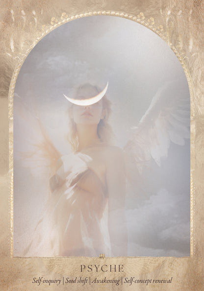 Artistic depiction of an angel with a crescent moon, surrounded by ethereal light, with 'Psyche' text at the bottom. Daughters of the Aether oracle deck by Paige McLeod featuring goddess-inspired artwork, Divine Feminine symbolism, and a luxury collector's box.