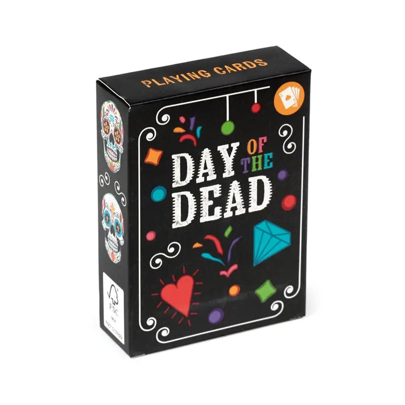 Playing card set packaging with 'Day of the Dead' design on a white background