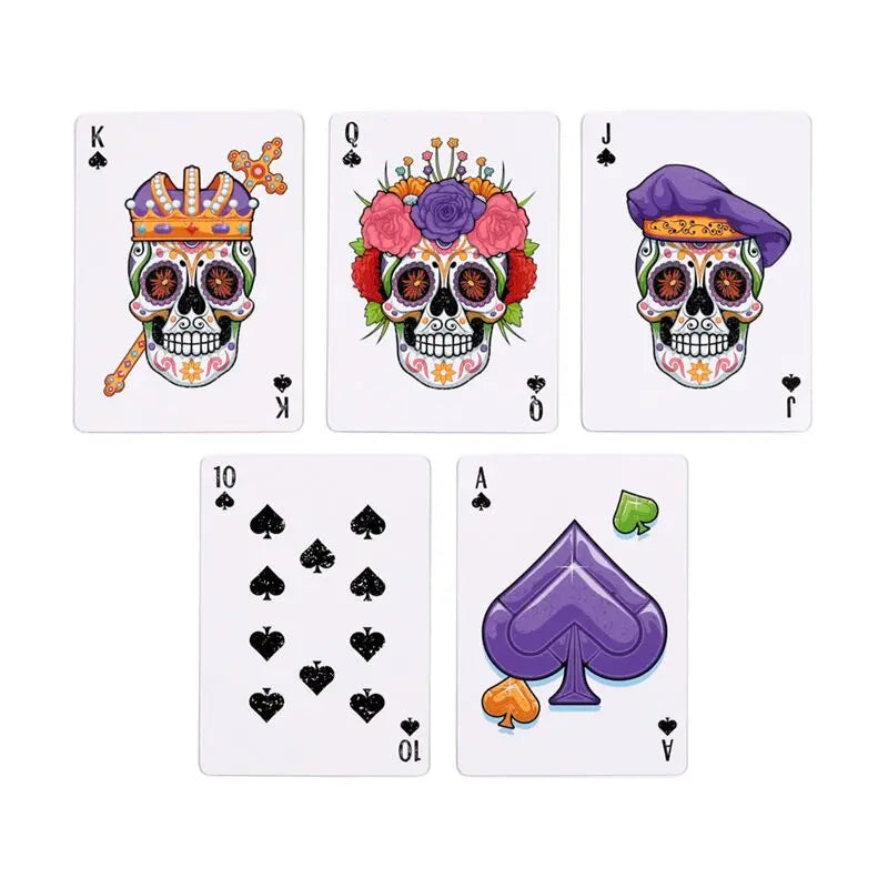 Set of playing cards with colorful skull designs on a white background