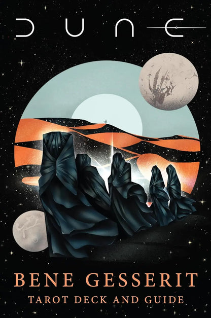 Book cover of 'Dune: Bene Gesserit Tarot Deck and Guide' with desert landscape and planets.