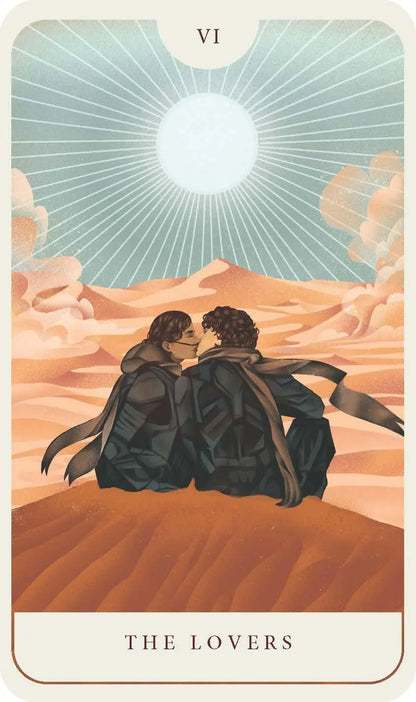 Tarot card titled 'The Lovers' with two people sitting on a hill under a bright sun.