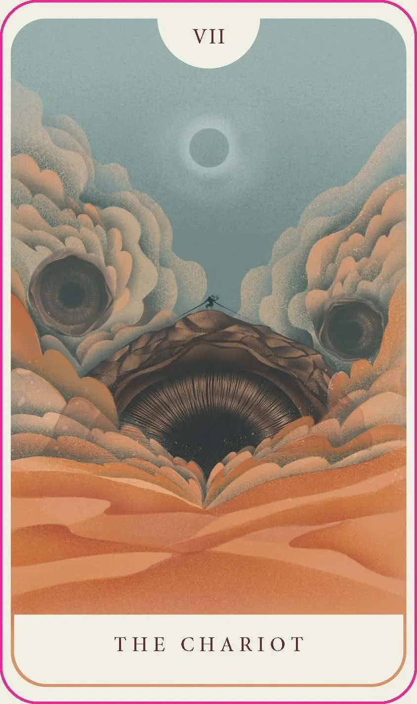 Tarot card titled 'The Chariot' with a stylized landscape and celestial elements.