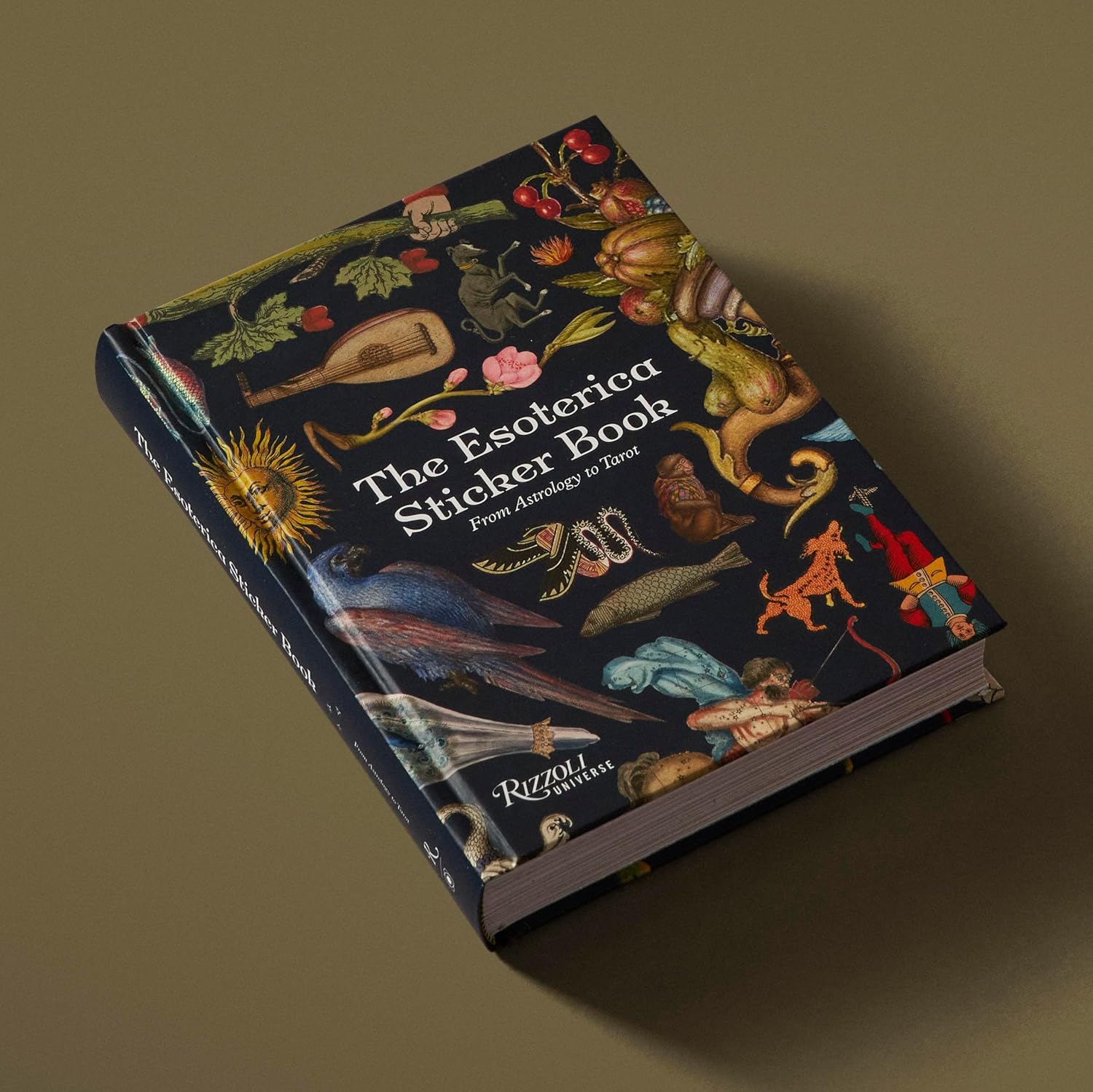 Book titled 'The Esoterica Sticker Book' with colorful illustrations on a dark background