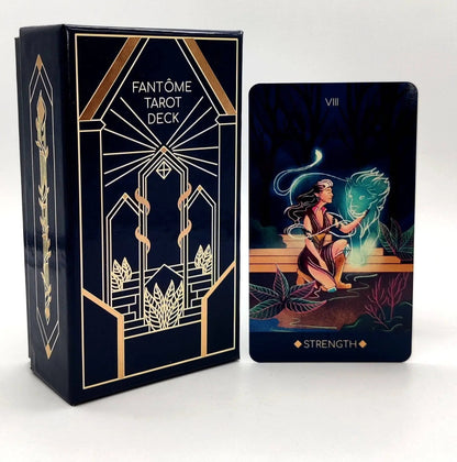 Fantome Tarot Deck packaging with a tarot card featuring the 'Strength' symbol on a white background