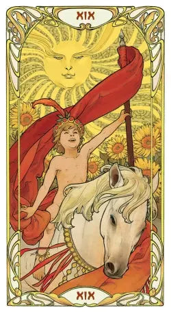 RWS tarot card The Sun using classic art Nouveau style with gold overlays 