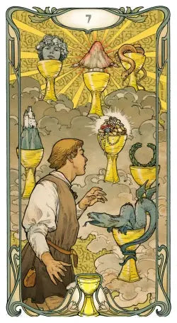 RWS tarot card The Seven of cups using classic art Nouveau style with gold overlays 