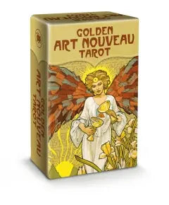 Mini edition of the famous and classic Golden art nouveau tarot deck showing the temperance card on front of the box 