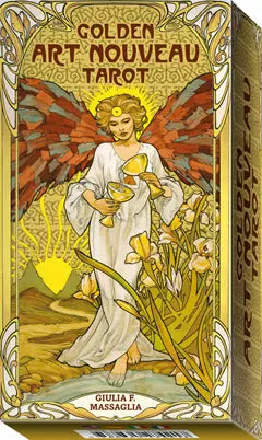 Golden art Nouveau tarot cards outer tuck box. Showing the temperance card on the front in art nouveau style 