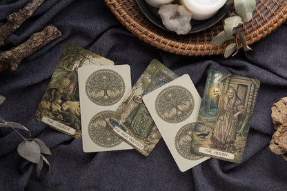 A set of illustrated tarot cards fanned out on dark draped fabric, surrounded by decorative props including a woven tray, candles, crystals, and dried leaves. Visible card titles include The Chariot, The World, The Hanged Man, and The Hermit. Firebird Tarot | Slavic Folklore Indie Deck UK