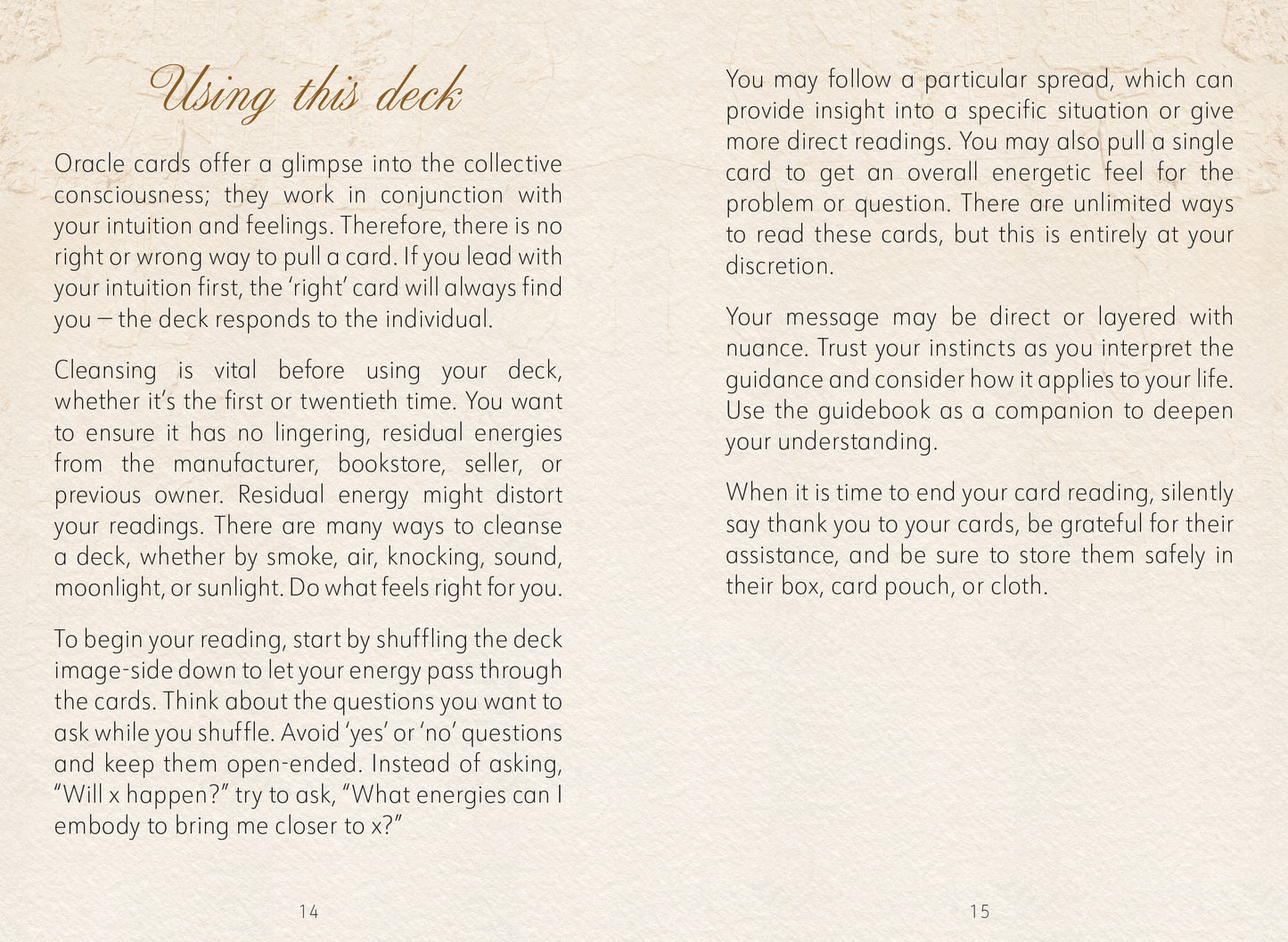 Instructions for using Oracle cards with text on a beige background Daughters of the Aether oracle deck by Paige McLeod featuring goddess-inspired artwork, Divine Feminine symbolism, and a luxury collector's box.