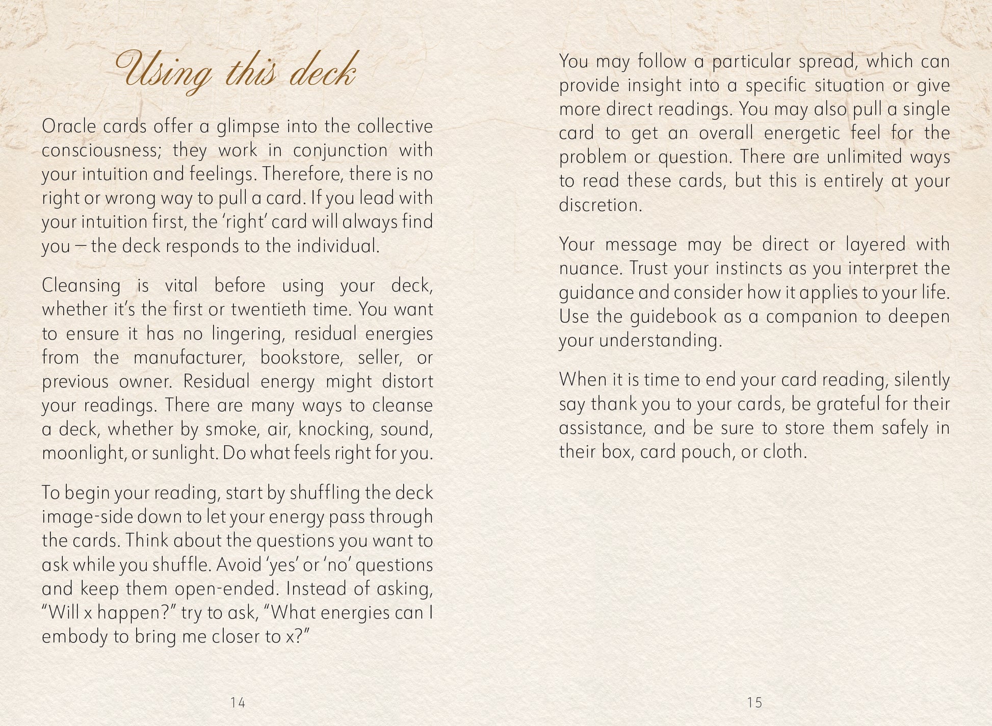 Instructions for using Oracle cards with text on a beige background Daughters of the Aether oracle deck by Paige McLeod featuring goddess-inspired artwork, Divine Feminine symbolism, and a luxury collector's box.