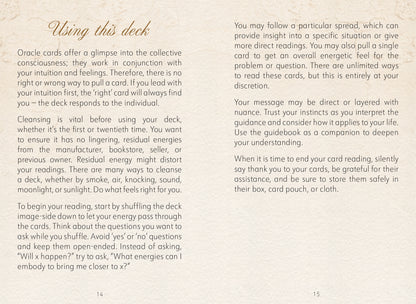 Instructions for using Oracle cards with text on a beige background Daughters of the Aether oracle deck by Paige McLeod featuring goddess-inspired artwork, Divine Feminine symbolism, and a luxury collector's box.