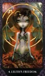 A yound lilith wrapped in chains and wings. Standing in a sea of lava and fire