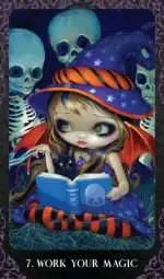 Oracle card from Halloween forever deck. Young witch reading her grimoire spell book surrounded by skeletons 