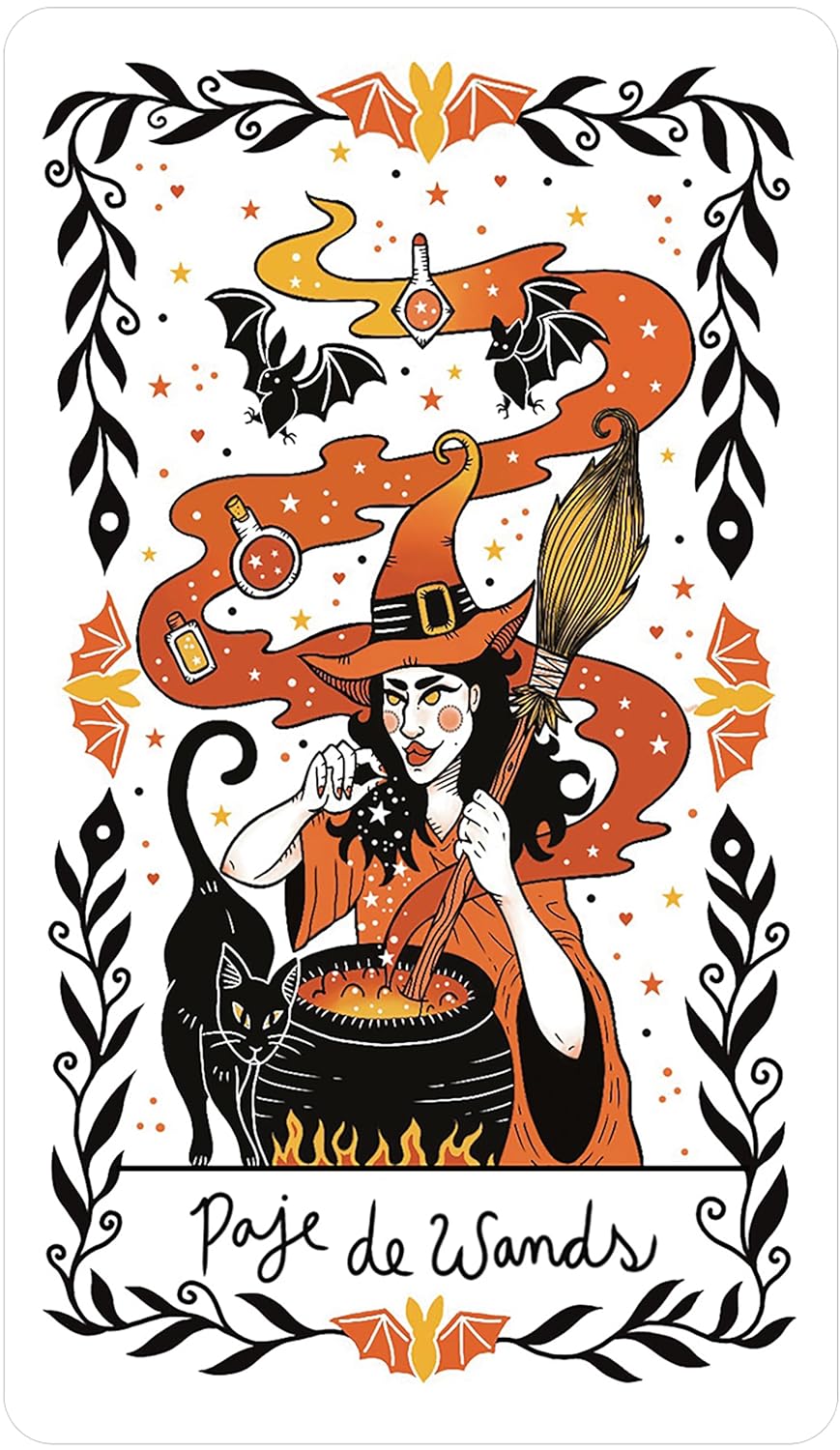 White background. Shows a witch with her familiar black cat making potions and magic spells in her cauldron