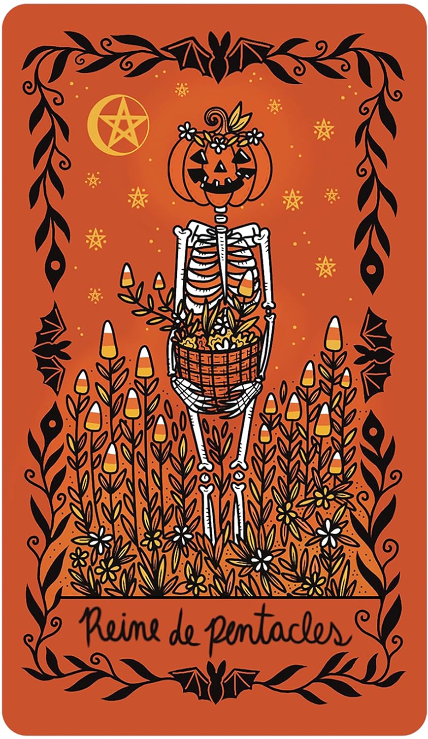 Orange and black background. Shows a pumpkin skeleton king holding a harvest basket in a corn field 