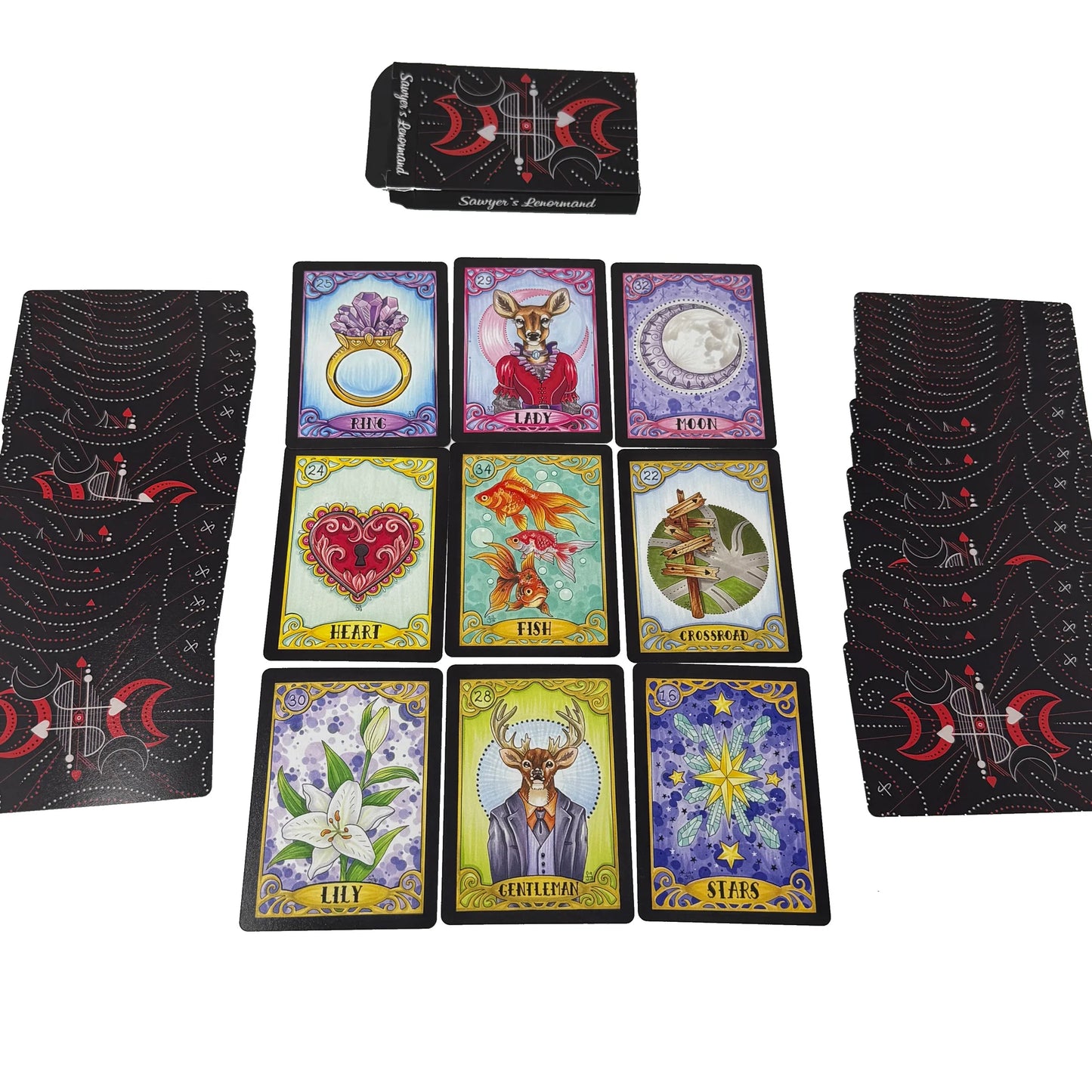 Sawyer’s Lenormand oracle deck by Jamie Sawyer featuring bold colourful Lenormand artwork and symbolic imagery