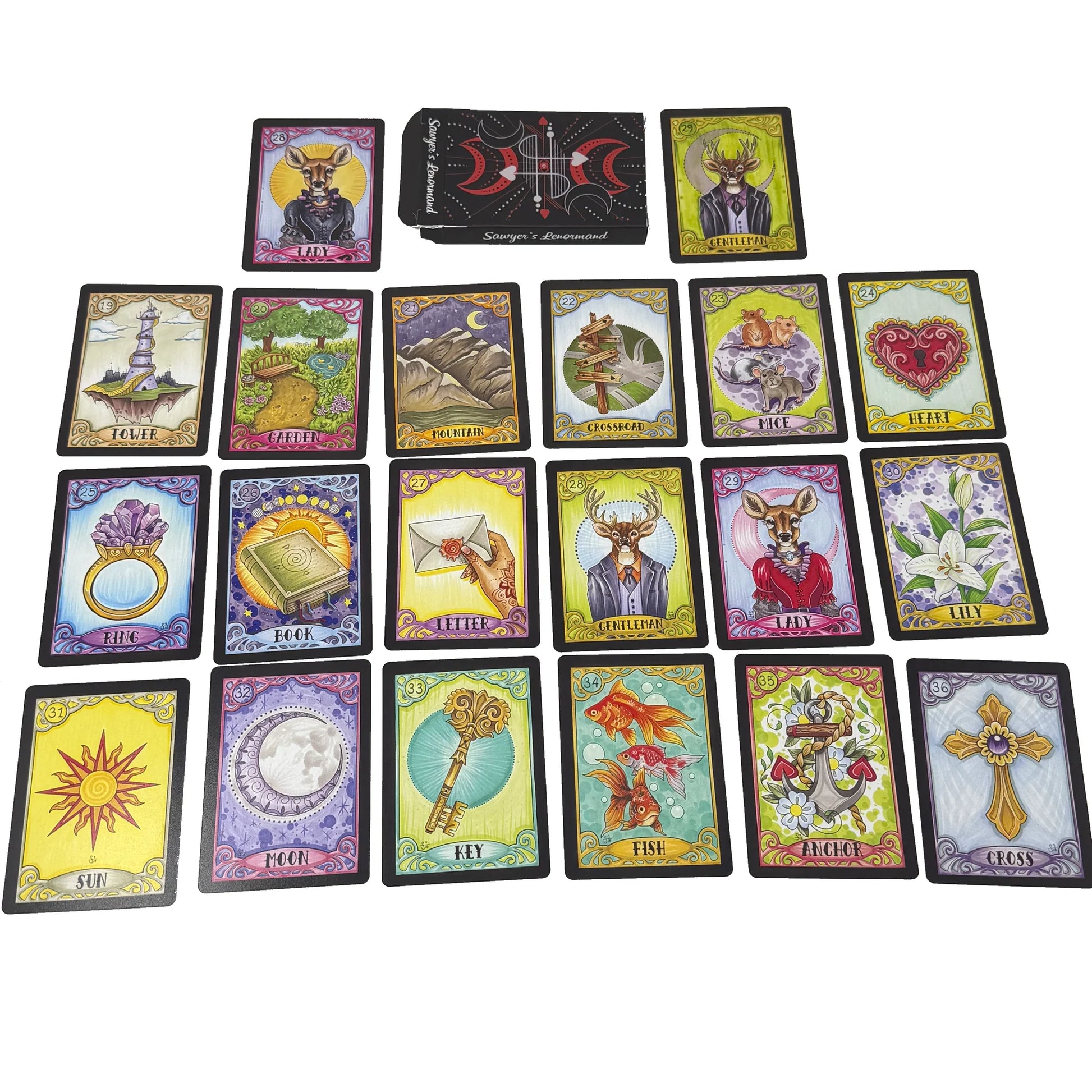 Sawyer’s Lenormand oracle deck by Jamie Sawyer featuring bold colourful Lenormand artwork and symbolic imagery