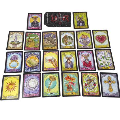 Sawyer’s Lenormand oracle deck by Jamie Sawyer featuring bold colourful Lenormand artwork and symbolic imagery