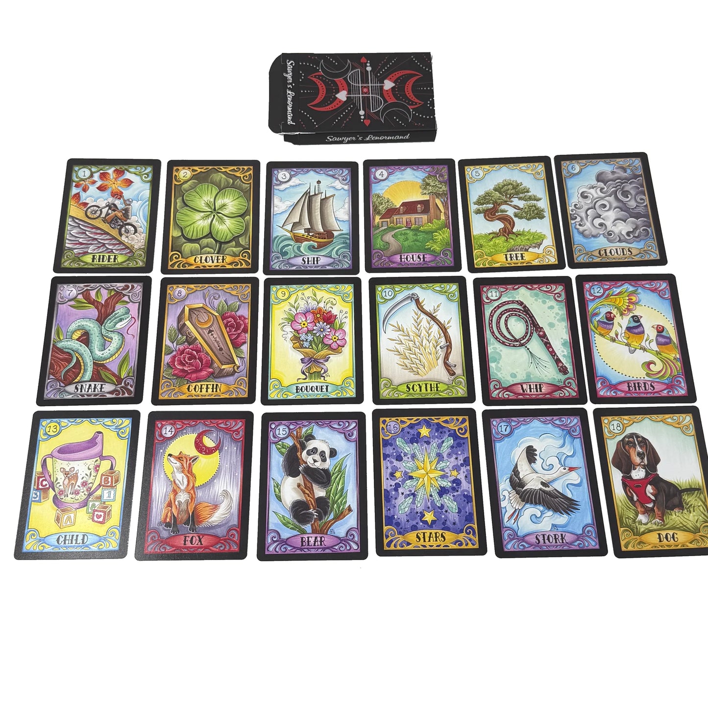 Sawyer’s Lenormand oracle deck by Jamie Sawyer featuring bold colourful Lenormand artwork and symbolic imagery