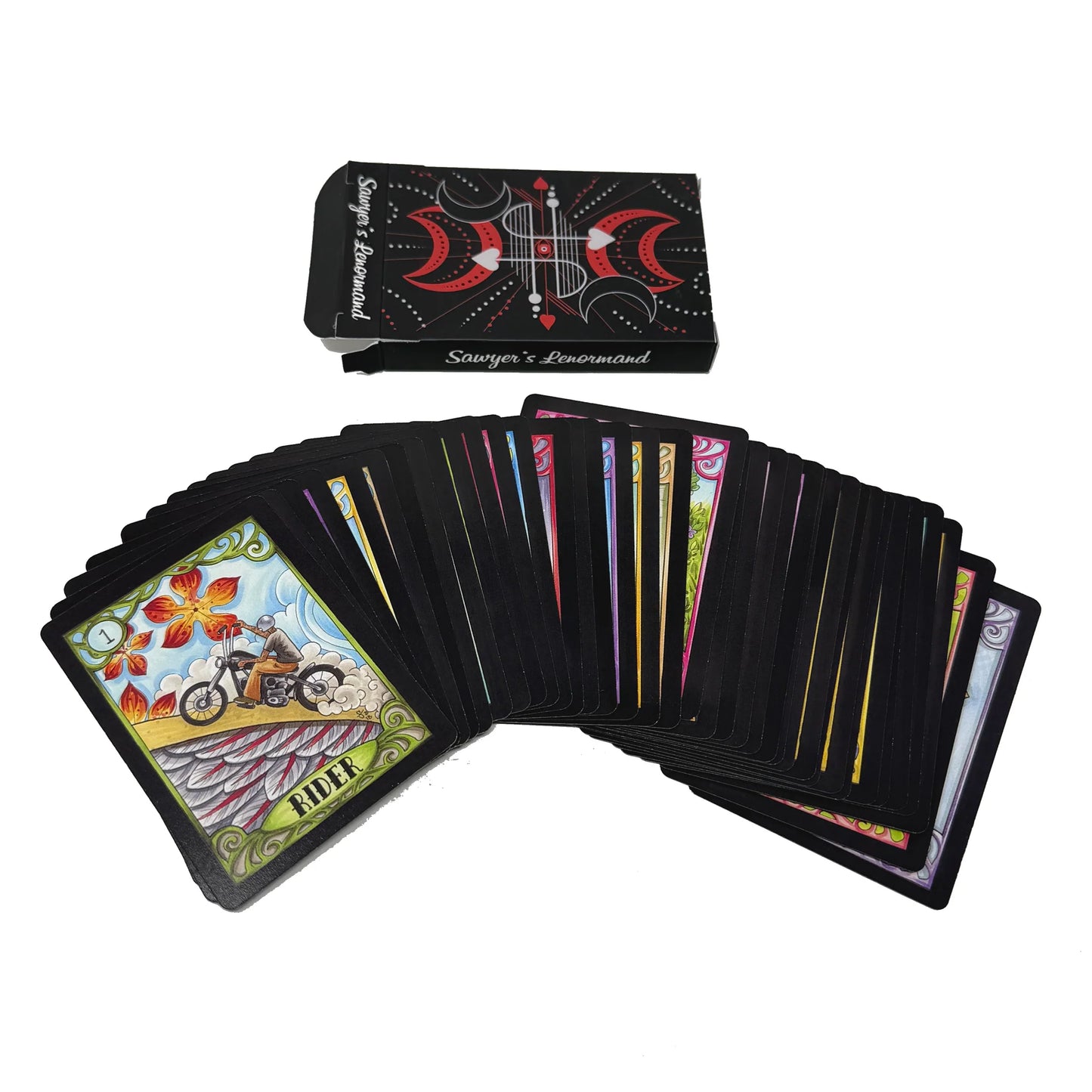 Sawyer’s Lenormand oracle deck by Jamie Sawyer featuring bold colourful Lenormand artwork and symbolic imagery