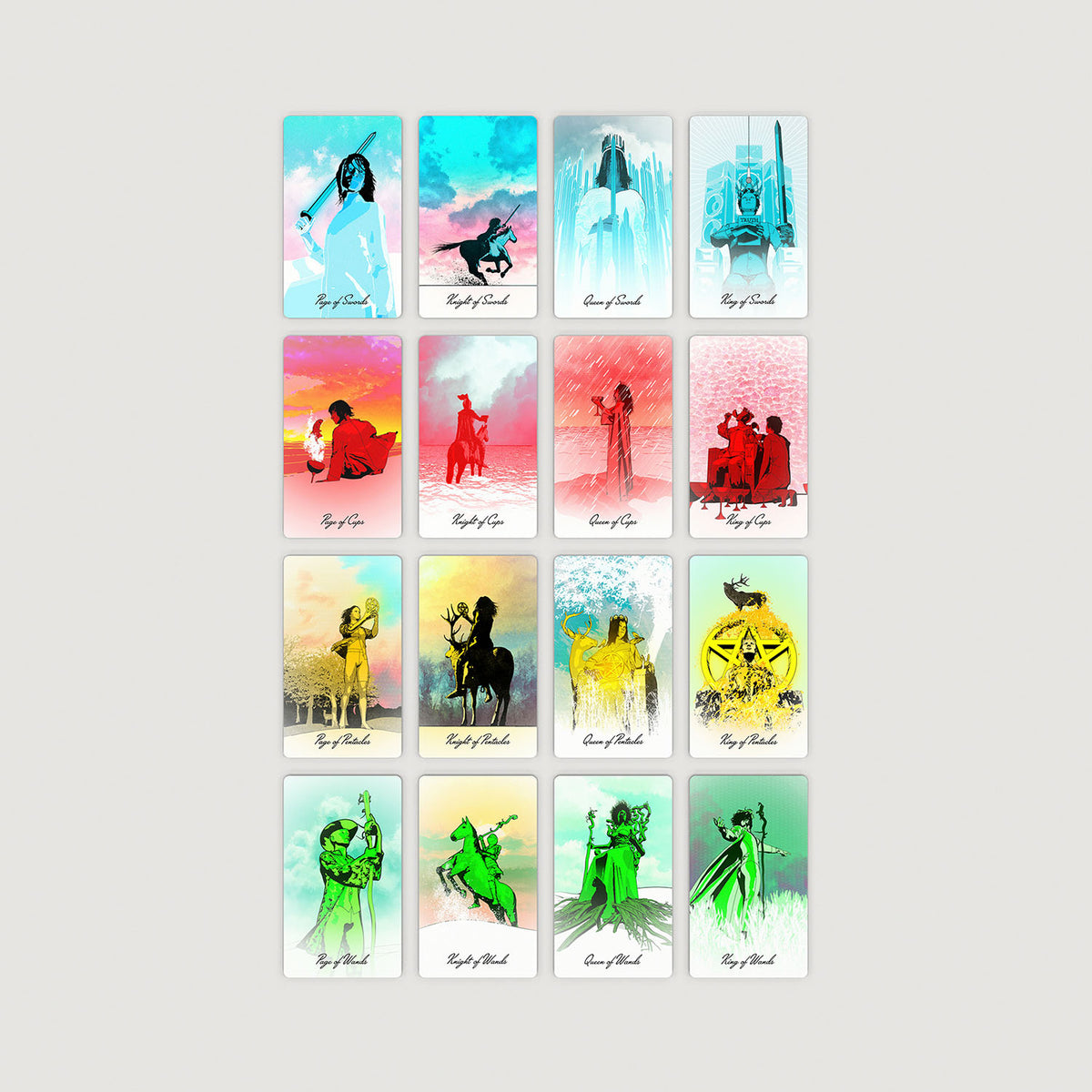Set of colorful tarot cards on a light gray background Tarot of the Holy Spectrum Infinity Edition Holographic Mirror by Chase Voorhees, featuring colourful tarot cards, reflective holographic backs and edges, and a mirrored magnetic box.